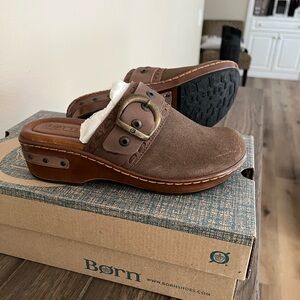Born Tan Suede Clogs with Buckle
